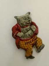 Antique Teddy Bear Bread Advertising Tin Badge Pin c.1909 Theodore Roosevelt Era picture