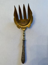Brass / Silver Fish Meat Fork Indian Vintage picture