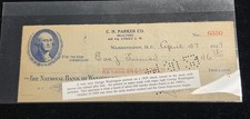 1929 George Washington Portrait Bank Check C.H. Parker Co. Washington DC picture