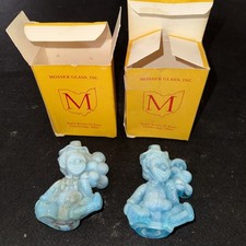 Vintage Mosser Glass Clown Figurines Gabby & Niki Blue Slag Milk Glass w/ Boxes picture