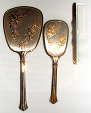 Vintage Mirror, Brush & Comb Set, Gold Plated, Some Possible Cracking & Scuffing picture
