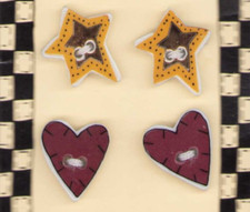 Lot of 4 Vintage Ceramic Buttons Original card Hearts Stars Red Yellow Black picture