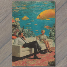 POSTCARD Retro Underwater Living Room Sofa Couple Surreal Fish Ocean Vibes picture