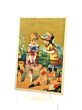 Antique 1880s Victorian Chromolithograph Trade Card Girls Playing in Toy Town picture