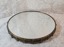 Vintage Beveled Mirror Vanity Tray /  Ornate Brass Swag Footed / 14.5