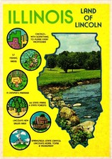 Vintage Illinois Land of Lincoln Map Postcard Chicago Springfield Fishing picture