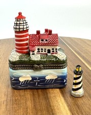 Porcelain Hinged Trinket Box Lighthouse Seashore Ocean Nautical #8 picture