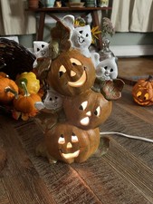 Halloween Ceramic Lighted Jack-o-Lantern Pumpkin Stack Figurine Ghosts Vintage picture