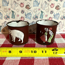 Two antique children’s Brown & White Enamelware Metal Mugs 8 oz Painted scenes picture