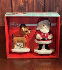 Christmas Set Rudolph The Red Nose Reindeer & Santa Salt & Pepper Shakers. picture