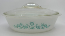 Vintage 1961-83 Glasbake Aqua Blue Floral on Milk Glass Oval Casserole with Lid picture
