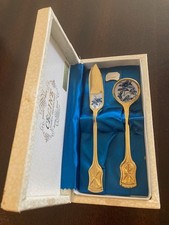 Celine Linden Handicraft Cloisonne Ware Enamel Gold Plated Spoon, Knife, Vintage picture