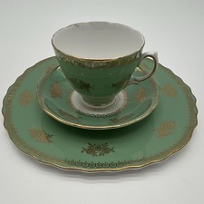 Vtg 1950s Colclough Green Gold Filigree Teacup Saucer Plate Trio Set England picture