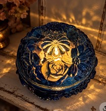 Vintage Fenton Blue Glass Floral Covered Trinket Box Lidded Dish Original Label picture