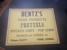 Vintage Lg Can NOS Label 1940-50 York Pa Bentz's Pretzels Potato Chips Popcorn picture