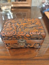 Antique Hand Carved Wood Trinket Box Jewelry Casket Folk Art Ornate 6.5”x5.5 picture
