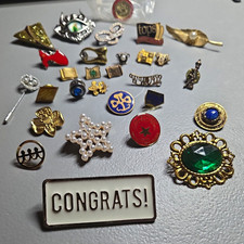 Vintage Mixed Lot Lapel/Tack Pins & Pinbacks: CONGRATS Bar, Red Star, Pearl picture