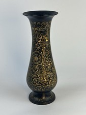 Vintage India Black Brass Vase Hand Etched Gold Floral 8” Boho Décor picture