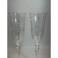 Vintage Etched Crystal Champagne Flutes Rhinestone Polka Dot Toasting Glasses 2p picture