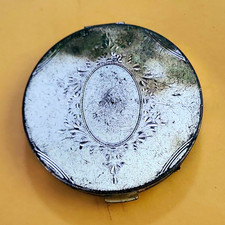 Vintage Silver Tone Round Metal Powder Compact w/ Puff & Mirror picture