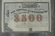 RARE 1857 Norfolk & Petersburg Railroad $500 Bond Certificate Pre Civil War  picture