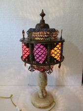 Vintage Middle Eastern Moroccan Lamp Alabaster Colored Jewel Inserts Brass Boho picture