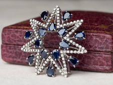 Fabulous Pear Blue Sapphire Diamond Star-Shaped Brooch Pin 14k White Gold Plated picture