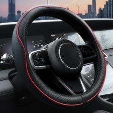 Car Steering Wheel Cover Microfiber Leather Anti-Slip 14.5-15in Black Red Line picture