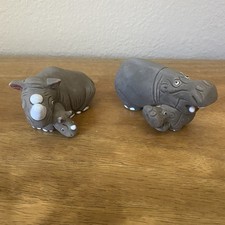 Ceramic Hippo Rhino w Babies Figurines Pair Hollow Marked CIDCAL Folk Art picture