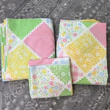Vintage 1970s Sears Country Patch Gingham Floral Full  Sheet Pillowcase Set 3pc picture