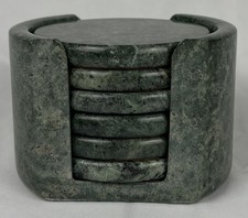Vtg Set Of 6 Green Heavy Marble Stone Coasters w/ Cork Back in Holder Bar Taiwan picture