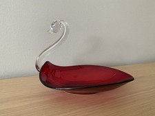 Vintage Mid-century Ruby Red Art Glass Swan Dish 9