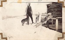 1934 Rugged Man Mountain Cabin 1930s Photo Snowshoes Dog Snow Sled Rifle Trees picture