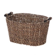 Oval Seagrass Storage Basket with Wooden Handles Brown Woven Organizer Bin picture