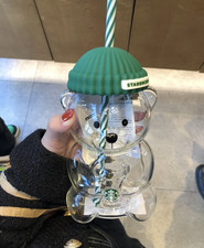 Starbucks Teddy Bear Barista Green Hat Glass Cold Cup 20oz USA 2026 Collectible picture