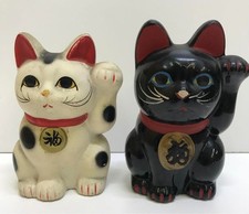 Antique Ceramic Maneki Neko Lucky Cat Black and White Pair Vintage Piggy Bank picture