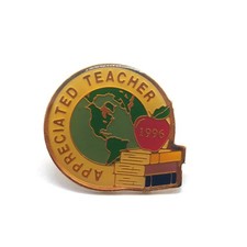 Appreciated Teacher Pin 1996 Education Recognition Award Books Globe Vintage picture
