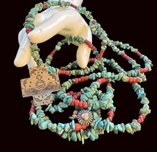 Vintage T Foree Hunsicker Sterling Silver Turquoise Coral Cross Necklace 30