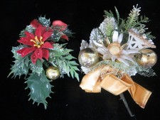 2 Vtg Christmas Corsages - White Lattice Bell & Balls & Poinsettias picture