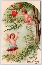 A Loving Greeting Valentine Cherub in Tree Hearts Arrows Cupid Embossed Germany picture