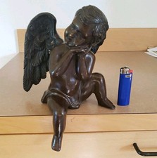 BRONZE Metal Cherub Sitting Angel Statue w/ Wings 7.5
