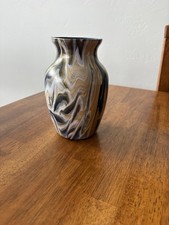 Hand Painted Glass Vase. It Is Painted with Dark Blue White and Gold. 7.5 Inch picture