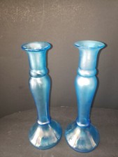 Vintage Dugan Pair Irridescent Blue Candlestick Holders picture