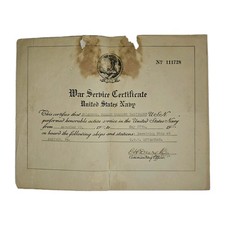 WWI U.S. Navy War Service Certificate USS Leviathan 1917–1919 Norfolk VA picture