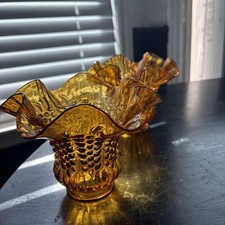 Vintage Amber Hobnail Glass Lamp Shade Bubbles Ruffled 1 5/8” Fitter 4 1/4” Tall picture