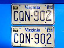 1992 Virginia License Plate  Pair No. CQN-902 -Nice original pair-------  picture