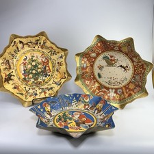 Set 3 Vtg German Paper Mache Christmas Bowls Trays Elves Santa Sleigh Tree 12