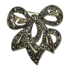 Art Deco BOW Brooch Rhinestone Large Bowknot Silver Tone 1.5” Vintage Pin picture