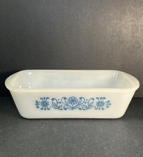Vintage GLASBAKE “Blue Flowers” Milk-Glass Loaf Pan 1.5 Qt Flowers Design J522 picture