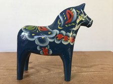 Vintage Swedish Grannas Olsson Dala Horse Hand Painted Blue Decorative Statue 6